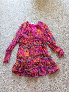FARM Rio Pink Floral Tiered Long-Sleeve Mini Dress